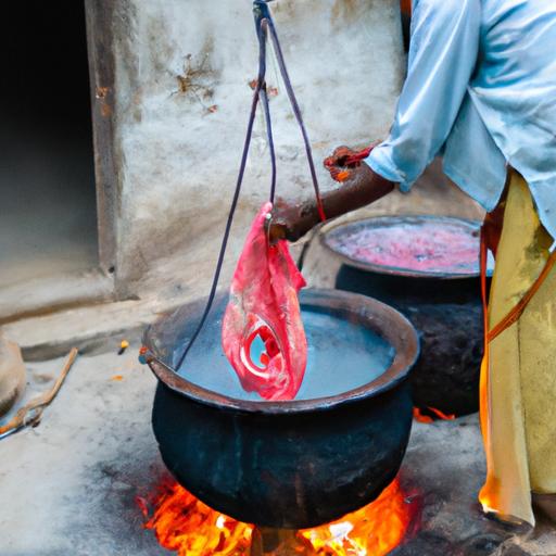 Người đàn ông tẩy sợi bông trong một cái nồi lớn trên lửa ở Ấn Độ.