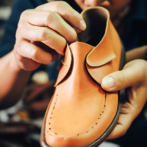 Người đang kiểm tra đôi giày da được làm bởi máy may giày da.