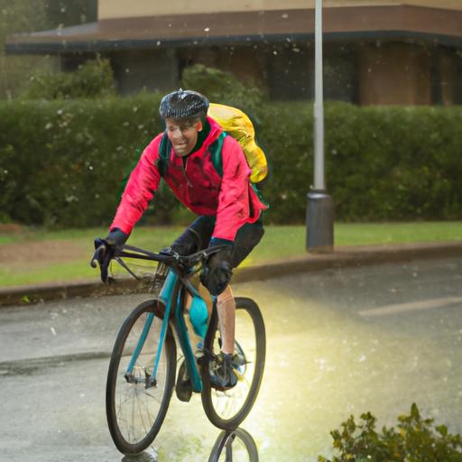Người đạp xe mặc áo khoác chống gió trên đường mưa
