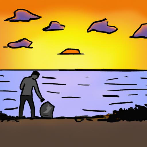 Người dọn rác trên bãi biển với bầu trời hoàng hôn