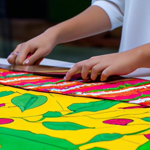Một người đang sử dụng bàn cắt vải thủ công để cắt một mẫu trên một miếng vải đầy màu sắc
