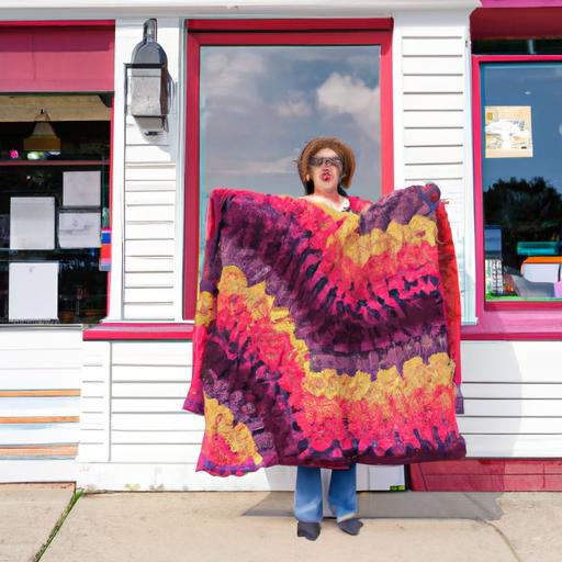 Một người phụ nữ cầm chăn đan len trước cửa hàng sợi len