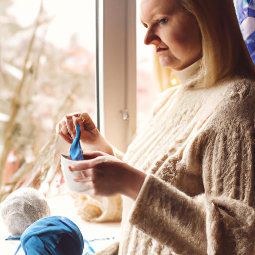 Một người phụ nữ trong chiếc áo len ấm áp thưởng thức một tách cà phê và đan móc len gần cửa sổ