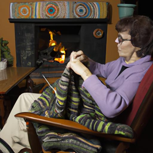 Người phụ nữ ngồi bên lò sưởi đan chăn