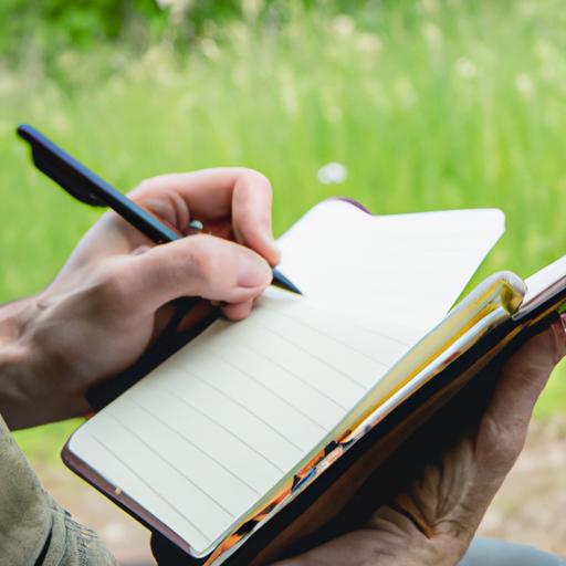 Một người sử dụng một cuốn sổ nhật ký handmade để ghi lại suy nghĩ của mình khi ngồi ngoài trời trong thiên nhiên.