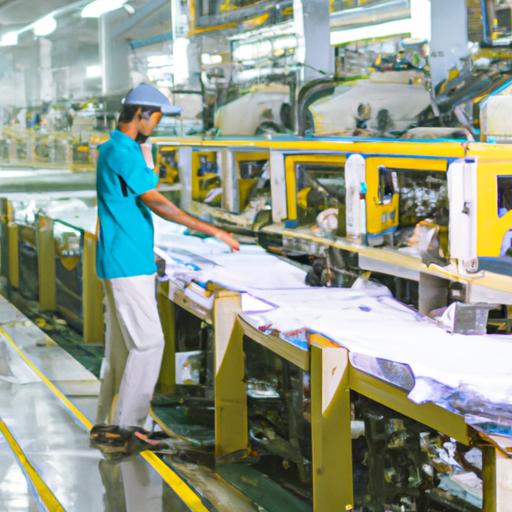 Nhà máy dệt may ấn độ với các máy móc hiện đại và công nhân đang đeo trang phục bảo hộ.