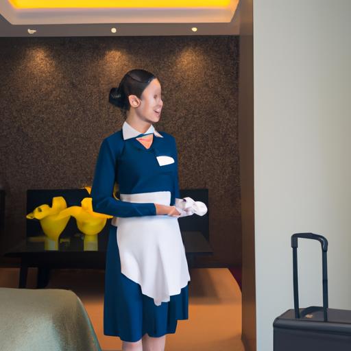Nhân viên phục vụ phòng tại khách sạn Đà Nẵng mặc đồng phục do công ty A sản xuất.