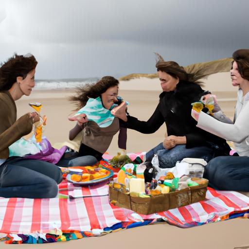 Nhóm bạn thưởng thức picnic trên bãi biển gió mạnh
