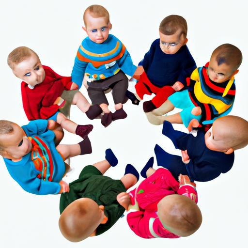 Nhóm bé trai mặc áo len đan tay màu sắc đa dạng ngồi thành vòng tròn