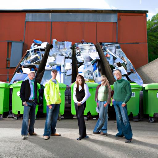 Một nhóm người đứng trước nhà máy tái chế