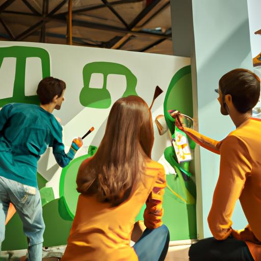 Một nhóm người vẽ một bức tường tranh về những chiếc ô tô thân thiện với môi trường.