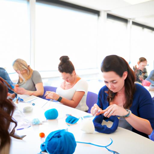 Một nhóm thanh niên học cách đan móc len trong một lớp học sáng tạo và hiện đại