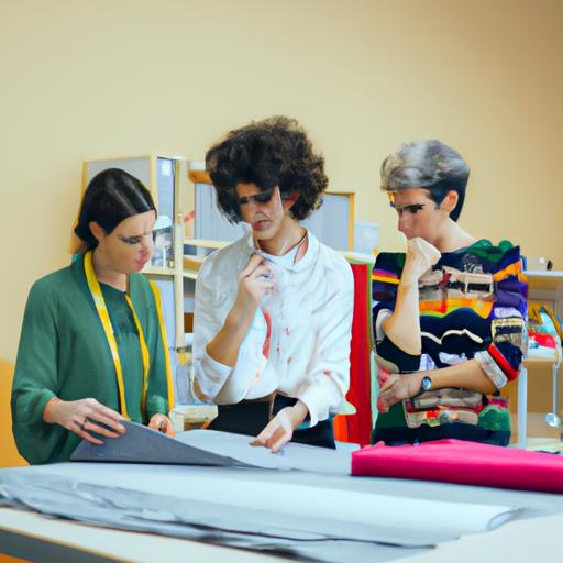 Một nhóm nhà thiết kế dệt may thảo luận về các mẫu vải trong phòng làm việc của họ