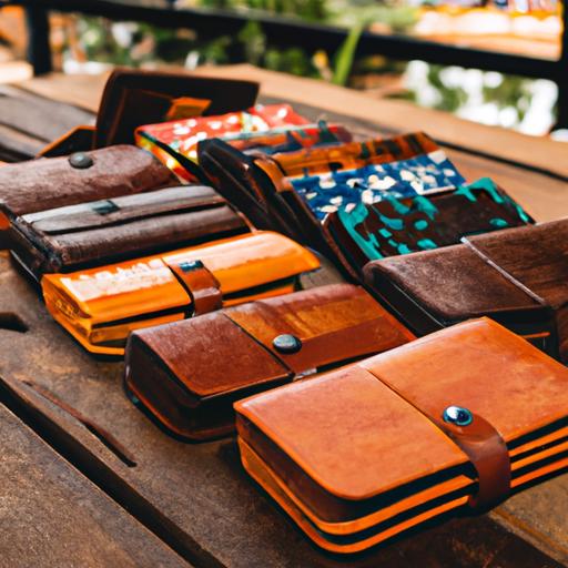 Nhóm ví da nữ handmade với nhiều màu sắc và kiểu dáng được trưng bày trên bàn gỗ.