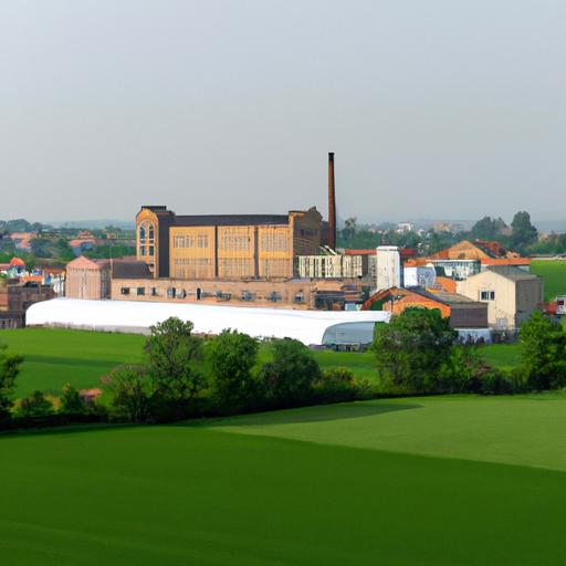 Một khung cảnh toàn cảnh của nhà máy dệt may trên miền quê bao quanh bởi những cánh đồng xanh.