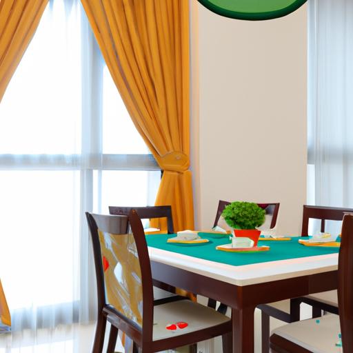 Phòng ăn với rèm cửa vải may đầy màu sắc để làm sáng bừng không gian.