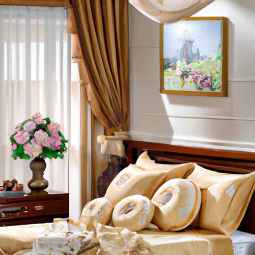 Phòng ngủ sang trọng với rèm và chăn ga vải gấm hoa nổi