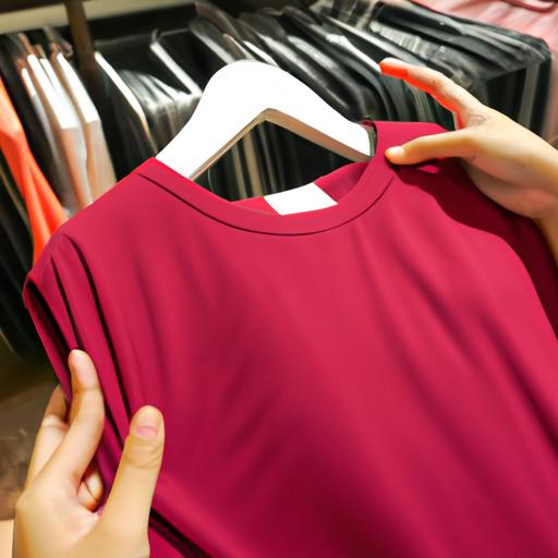 Phụ nữ cầm chiếc áo sơ mi vải ruby tại cửa hàng quần áo