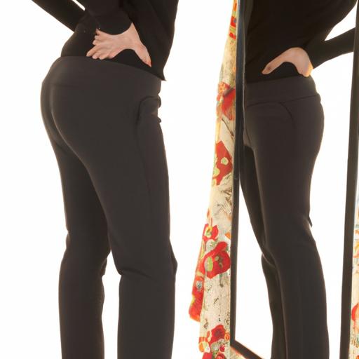 Một phụ nữ thử mặc quần tây bó sát làm từ vải co giãn, nhìn vào gương.