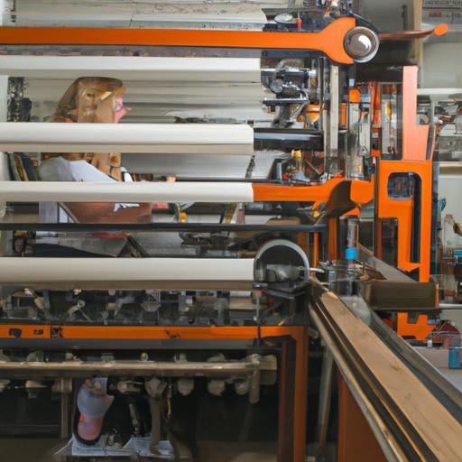 Một phụ nữ đang vận hành máy dệt lớn tại nhà máy dệt may.