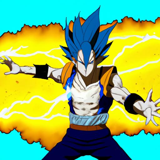 Son Goku trong hình dạng Super Saiyan Blue, phóng một vụ nổ Kamehameha.
