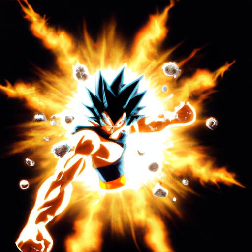Son Goku trong tư thế chiến đấu động lực, bao quanh bởi các vụ nổ năng lượng và tia lửa.