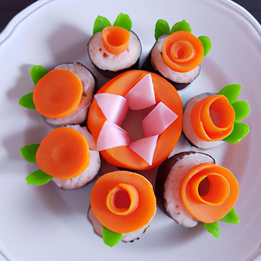 Đĩa sushi với lát cà rốt hình hoa hồng tinh tế.