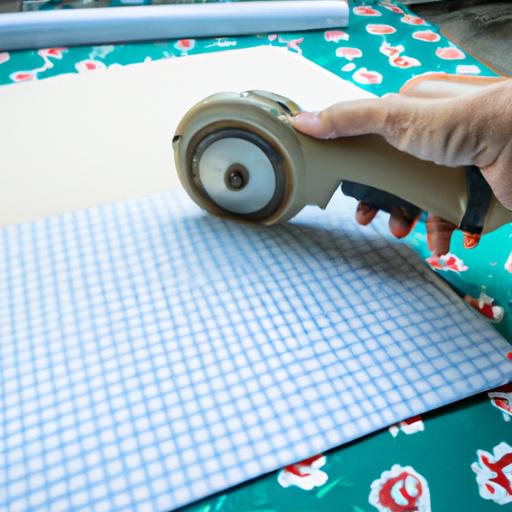 Gần cảnh tay cầm dao cắt vải xoay trên thảm cắt vải với bàn cắt vải phía sau