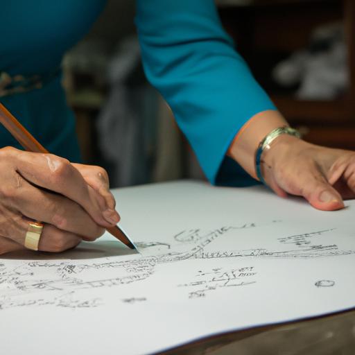 Một thợ may vẽ mẫu thiết kế cho một chiếc áo dài trên một tờ giấy.