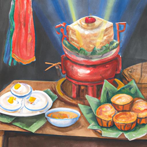 Bức tranh nước về bánh chưng được bao quanh bởi trang trí Việt Nam truyền thống