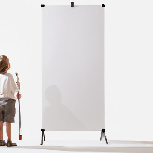 Một đứa trẻ đứng trước bức tranh trống, cầm cây cọ và tưởng tượng về hình người