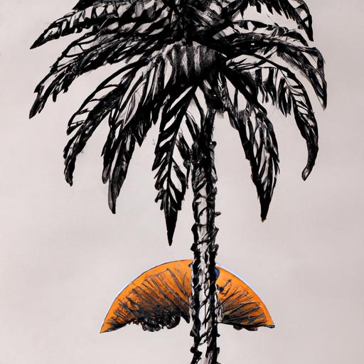 Bức tranh vẽ bằng bút mực thật tả cây dừa trước nền hoàng hôn.