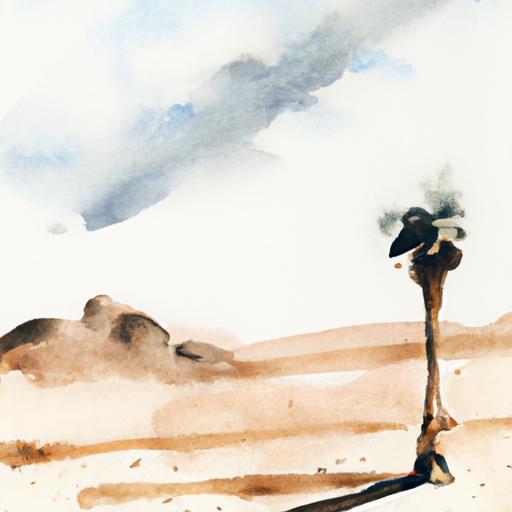 Tranh thủy mặc vẽ cây dừa đơn độc giữa cảnh sa mạc.