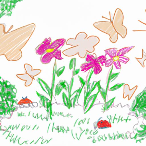 Bản phác thảo về một khu vườn đẹp với hoa nở rộ và bướm bay.