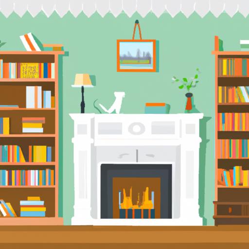 Một minh họa về một phòng khách ấm cúng với lò sưởi và giá sách.
