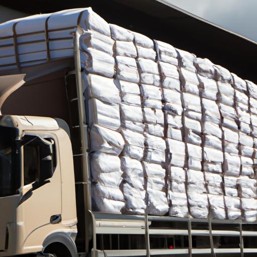 Xe tải giao hàng được tải đầy sản phẩm may ra khỏi nhà máy