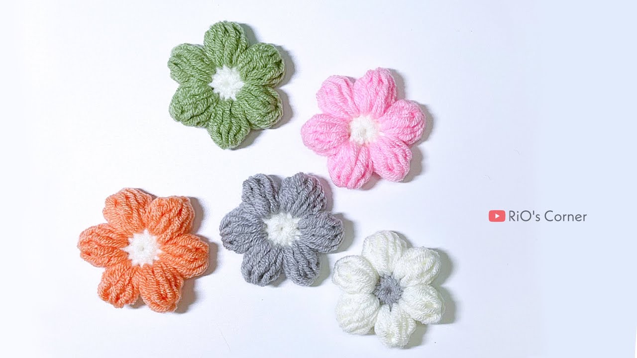 Crochet a puff flower | Hướng dẫn móc hoa 6 cánh | RiO's Corner - YouTube
